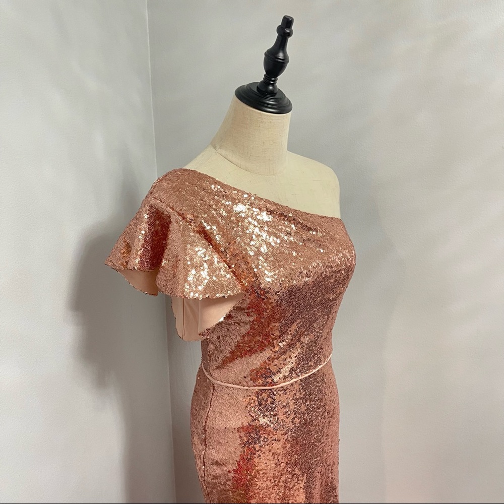 # Mac Duggal Rose Gold Sequins One Shoulder Ruffle Mini Dress / Gown New W/ Tag - Picture 7 of 17